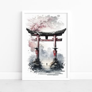 Mystisches Torii Tor Poster | Serene Japanisches Aquarell | Atemberaubende Landschaft Poster | Zauberhafte Wandkunst | Ruhiges, Zen-inspiriertes Dekor