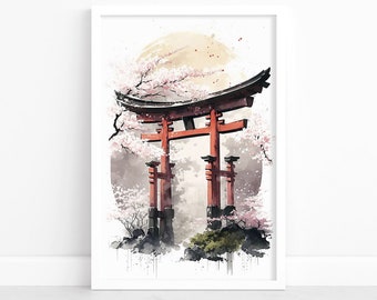 Gate to Serenity: Japanese Torii Poster | Authentic Watercolor Painting | Enchanting Landscape Artwork | Captivating Wall Decor