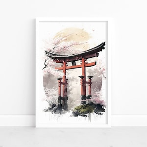 Puerta a la serenidad: Cartel torii japonés / Pintura de acuarela auténtica / Arte de paisaje encantador / Decoración de pared cautivadora