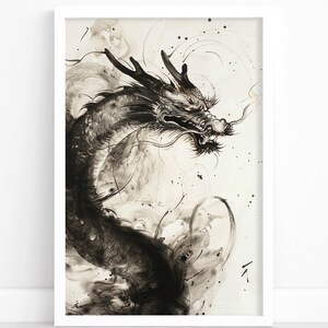 Póster de dragón majestuoso / Arte de dragón poderoso / Póster de acuarela japonesa / Decoración de pared de criatura mítica / Arte de pared con impresión de fantasía