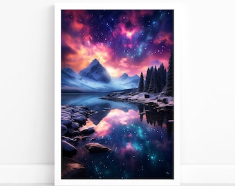 Nuit mystique : affiche d'aurore boréale | affiche de paysage | Aurores boréales | Ciel nocturne d'hiver | Poster Aurore