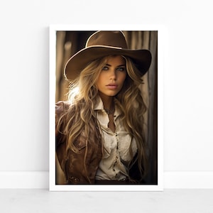 Cowgirl Grace: plakat portretowy | Piękność zachodnia ozdobiona Stetsonem | Elegancja kowbojki | Wydruki sztuki zachodniej | Ilustracja w stylu południowym