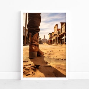Stivali e polvere: poster di stivali da cowboy / paesaggio urbano del selvaggio West / stampe d'arte western / fascino rustico / arte del sud dell'America / illustrazione di paesaggio