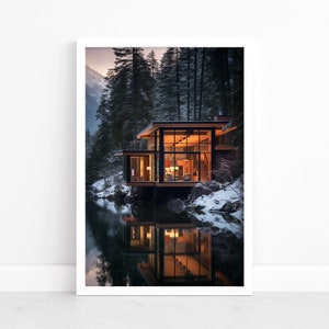 Ritiro in montagna: poster panoramico in cabina / arte da parete con paesaggio / serenità della natura / arredamento per la casa sul lago / lago in montagna