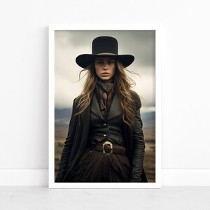 Poster di Cowgirl Radiance: Bellezza western con un elegante cappello da cowboy / Eleganza di frontiera / Stampe d'arte western / Illustrazione in stile meridionale