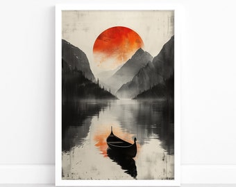 Viking Longship Poster | Rustic Nordic Art Print | Vintage Viking Illustration | Norse Landscape Decor