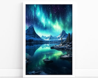 Aurora Radiance : Affiche d'aurores boréales | Art mural paysage | Splendeur des aurores boréales | Ciel nocturne d'hiver | Élégance du paysage nordique