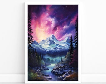 Radiance arctique : affiche d'aurore boréale | Paysage de spectacle d'aurores boréales | Pays des merveilles d'hiver | Panorama du ciel nocturne | Poster Aurore