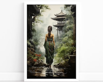 Elegant Geisha Grace: Vintage Japanese Watercolor Poster | Geisha Wall Art Print | Captivating Geisha Art | Timeless Geisha Wall Decor