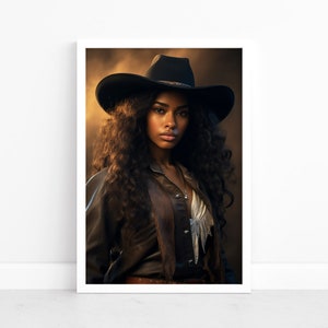Poster di Cowgirl Harmony: Bellezza western con un elegante cappello da cowboy / Serena arte del selvaggio West / Eleganza country / Decorazioni in stile sudamericano