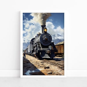 Frontiera d'epoca: poster di un treno del vecchio West / stampe d'arte western / locomotiva classica / arte del sud americana / illustrazione con sfondo di montagna