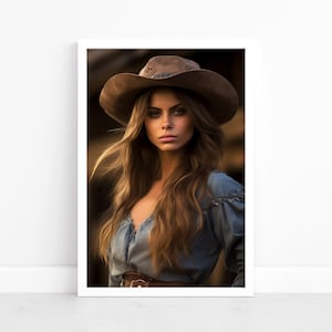 Plakat Cowgirl Radiance: Piękno Zachodu na Dzikim Zachodzie | Elegancja na pograniczu | Wydruki sztuki zachodniej | Styl południowy | Ilustracja portretowa