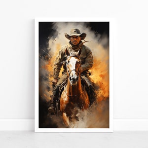 Poster di cowboy a cavallo / Stampe d'arte western / Fascino rustico / Stile sudamericano / Decorazioni sud-occidentali / Illustrazione di paesaggio