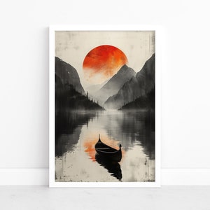 Poster di nave vichinga / Stampa d'arte nordica rustica / Illustrazione vichinga vintage / Arredamento paesaggio norreno