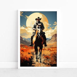 Prairie Voyager: Poster di cowboy a cavallo / Stampe d'arte western / Fascino rustico / Stile sudamericano / Decorazioni sud-occidentali / Illustrazione di paesaggio