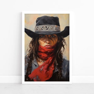 Plakat Cowgirl | Piękność Westernu ozdobiona Stetsonem | Elegancja Cowgirl | Wydruki sztuki zachodniej | Styl południowy | Ilustracja portretowa