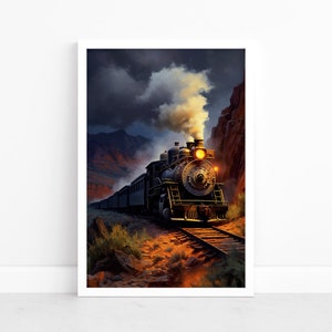 Viaggio notturno: poster del treno notturno del vecchio West / locomotiva d'epoca / stampe d'arte western / arte del sud americana / Midnight Trackscape