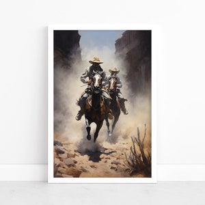 Dual Mavericks: Poster artistico del selvaggio West / Cowboy a cavallo / Stampe d'arte western / Fascino rustico / Decorazioni in stile sudamericano