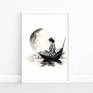 Geisha Mística: Póster de arte japonés en acuarela / Impresión decorativa vintage de geisha / Geisha remando bajo la luz de la luna / Decoración de pared de geisha atemporal