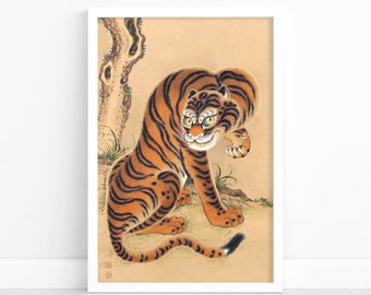 Japanese Vintage Poster by Matsui Keichū - Art Print | Tiger Cleaning Its Paw | Wall Art | Japanese Poster | Japan Wall Art Print