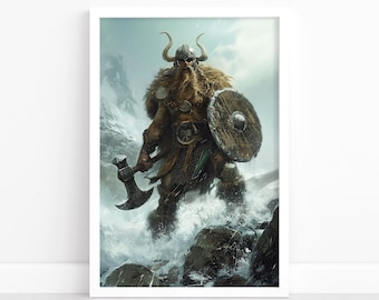 Impressão de arte viking vintage | Retrato rústico de guerreiro nórdico | Decoração nórdica para casa | Arte de parede | Ilustração escandinava | Pôster viking