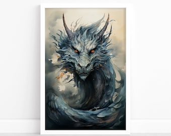 Mystical Japan: Japanese Dragon Art Poster | Serene Japanese Landscape Decor | Watercolor Print | Captivating Wall Art