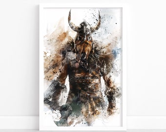 Impressão artística em aquarela Viking | Retrato rústico de guerreiro nórdico | Decoração nórdica para casa | Arte de parede escandinava | Ilustração de pôster viking