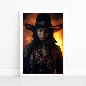 Eleganza del poster da cowgirl: bellezza western con un elegante cappello da cowboy / Frontier Grace / Stampe d'arte western / Illustrazione in stile meridionale