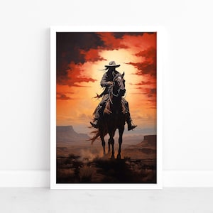 Sundown Rider: Poster del tramonto del cowboy / Stampe d'arte western / Fascino rustico / Stile sudamericano / Decorazioni sud-occidentali / Illustrazione del paesaggio