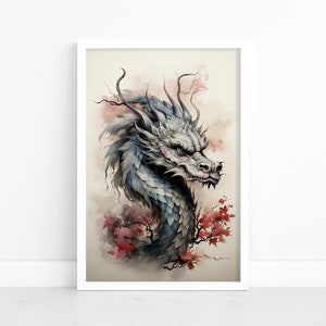 Rätselhaftes Japan: Japanischer Drache Poster | Ruhige japanische Landschaftskunst | Aquarelldruck | Fesselnde Wanddekoration | Digitale Kunst