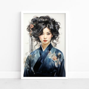 Elegancia de geisha encantadora: póster de acuarela japonesa vintage / Decoración de pared de geisha / Póster de geisha atemporal / Arte de pared de geisha elegante