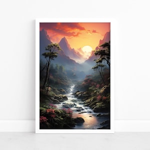 Misty Hills Sonnenaufgang Poster | Landschaft Wandkunst | Nature's Vibrant Palette | Minimalistische Landschaft | Reise Poster | Kultige Wanddekoration