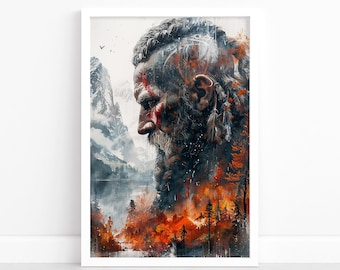 Pôster de retrato viking | Arte de guerreiro nórdico | Decoração escandinava para casa | Arte de parede nórdica | Impressão da herança viking | Ilustração de guerreiro