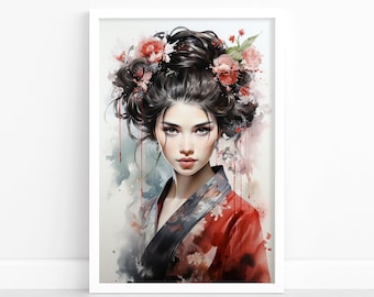 Captivating Geisha: Japanese Watercolor Print | Vintage Geisha Decor | Geisha Wall Art | Elegant Geisha Poster | Timeless Geisha Wall Decor