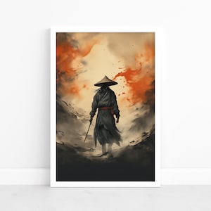 Timeless Samurai Grace: Vintage Japanese Watercolor Print Poster | Samurai Wall Art | Captivating Samurai | Enigmatic Samurai Wall Decor