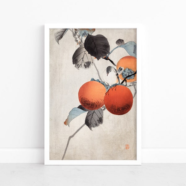 Japanese Vintage Poster by Ohara Koson - Japanese Art Print | Nuthatcher atop Persimmons | Wall Art | Japanese Poster | Japan Wall Art Print