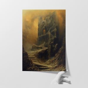 May include: A painting of a crumbling stone tower with a stairway leading up to it. The tower is surrounded by fog and mist, giving it a mysterious and eerie atmosphere.