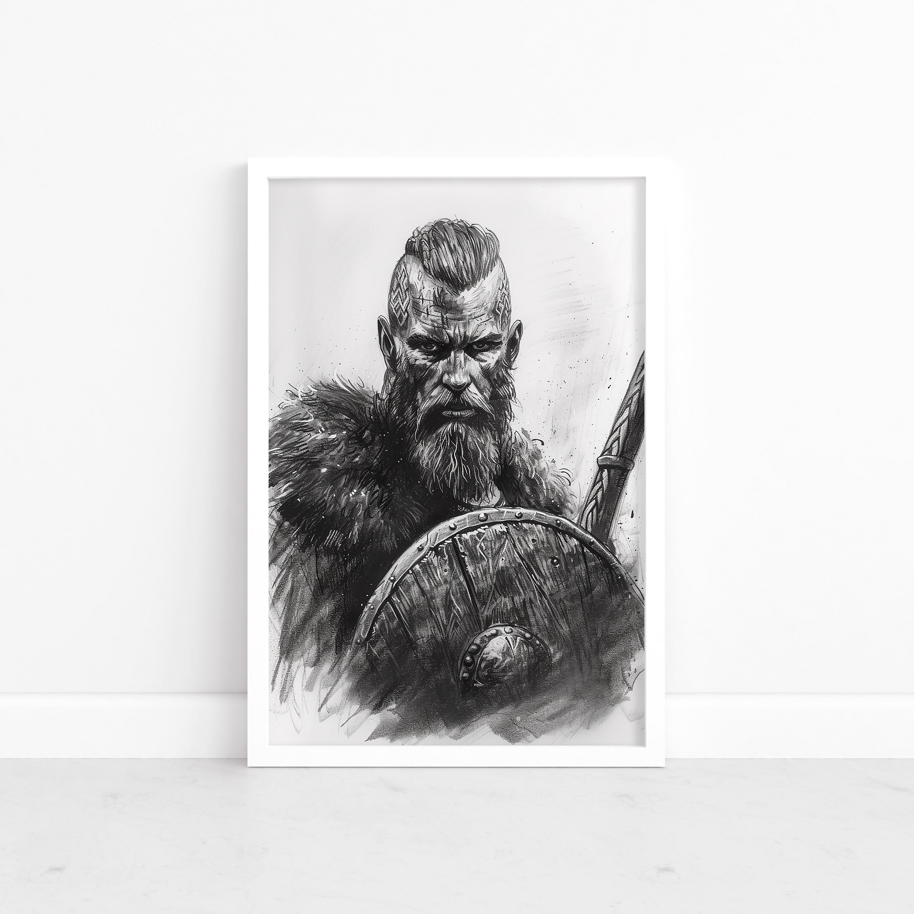 Impressão artística vintage viking em preto e branco | Retrato rústico de guerreiro nórdico | Decoração nórdica para casa | Arte de parede escandinava | Pôster viking