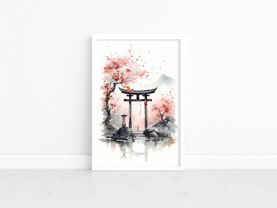 Torii Gate Poster | Japanese Watercolor Painting | Japanese Landscape Poster | Captivating Wall Art