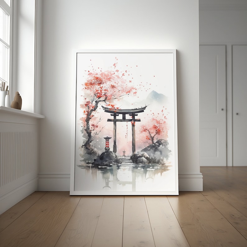 May include: A watercolor painting of a traditional Japanese torii gate, surrounded by cherry blossom trees and a pond. The gate is painted in black and red, with a white background. The cherry blossoms are pink and white, and the pond is a light blue.