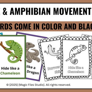 Puede incluir: Cartas imprimibles en color y blanco y negro con ilustraciones de reptiles y anfibios con texto que describe su movimiento, como "Regrow Axo" y "Hide like a Chameleon". El texto "These cards come in color and black/white" y "40 pages!" tambi&eacute;n est&aacute; incluido en la imagen.