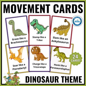 Schede di movimento dei dinosauri, schede di azione per bambini stampabili, Circle Time, transizioni di pausa cerebrale, motricità globale, attività prescolare, attività per bambini piccoli