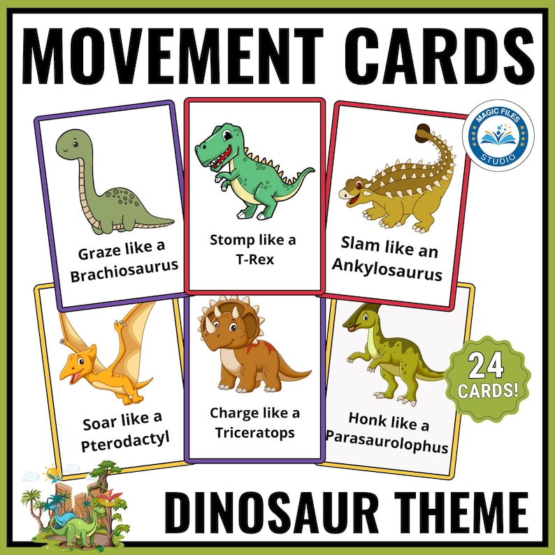 May include: A set of 24 colorful dinosaur-themed movement cards. Each card features a different dinosaur with a movement action, such as "Graze like a Brachiosaurus" or "Stomp like a T-Rex".