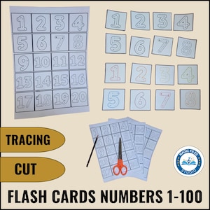 May include: Flash cards with numbers 1-20 for tracing and cutting. The image shows multiple sets of flash cards with numbers in a grid format, along with individual number cards. A pair of scissors and a pencil are also present.