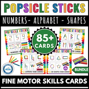 May include: Educational fine motor skills cards featuring popsicle sticks for learning numbers, the alphabet, and shapes. The cards include the text "POPSICLE STICKS" and "FINE MOTOR SKILLS CARDS". The bundle includes 85+ cards.