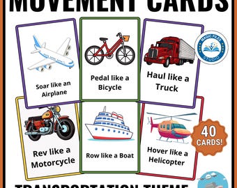 Transportation Movement Cards, Kids Action Cards Printable, Circle Time, Brain Break Transitions, Gross Motor, Preschool, Vehicles Activity