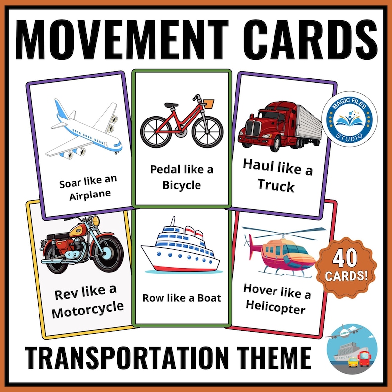 May include: A set of 40 transportation-themed movement cards. Each card features a different mode of transport, such as an airplane, bicycle, truck, motorcycle, boat, and helicopter, with corresponding action verbs. The cards are designed for educational purposes.