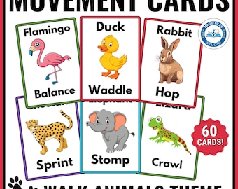 Bewegungskarten für Tierspaziergänge, druckbare Aktionskarten für Kinder, Kreiszeit, Gehirnpausenübergänge, Grobmotorik, Vorschule, Kleinkindaktivität