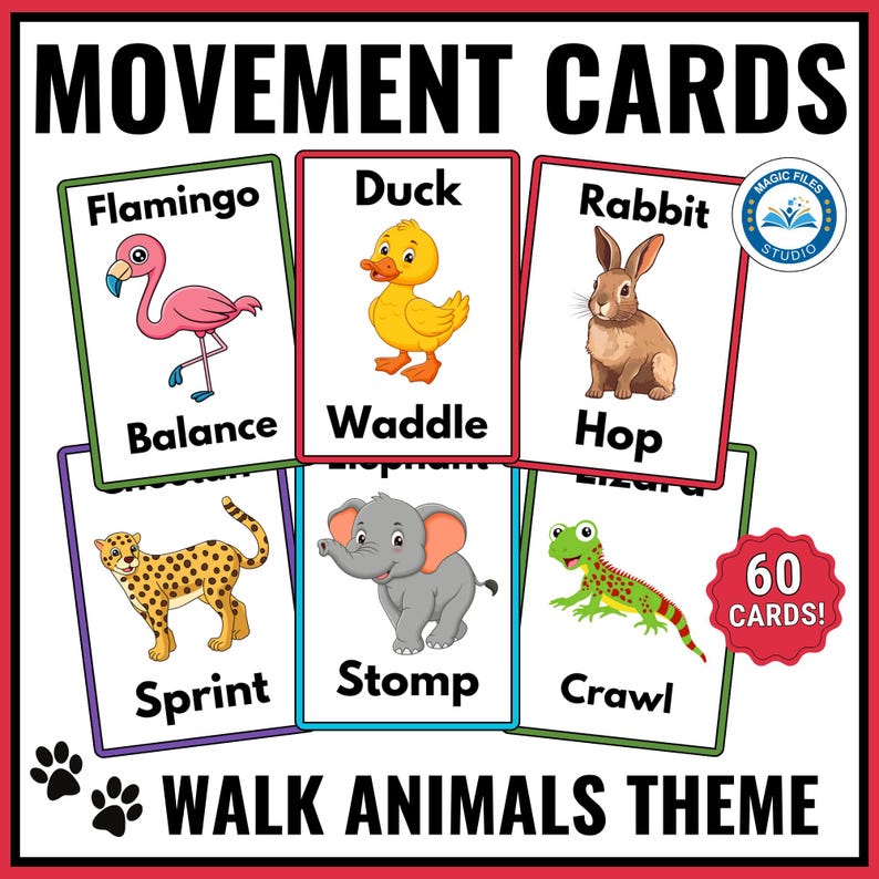 May include: A set of 60 colorful flash cards featuring different animals and their corresponding movement. The cards are labeled with the animal name and the movement, such as "Flamingo - Balance" and "Duck - Waddle". The cards are designed for use in educational settings to teach children about animals and their movements.
