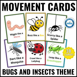 Tarjetas de movimiento de bichos e insectos, tarjetas de acción imprimibles para niños, hora del círculo, transiciones para el descanso mental, motricidad gruesa, preescolar, actividad de primavera